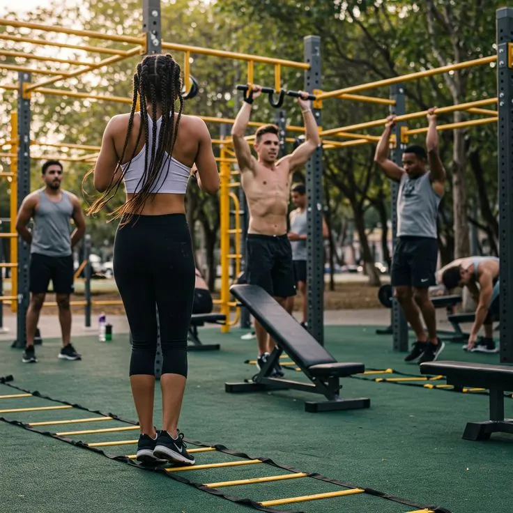 Bodyweight skill demonstration in outdoor training setting